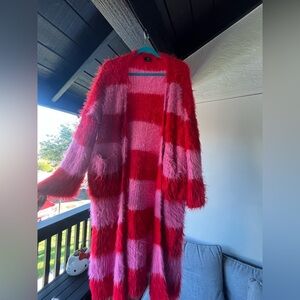 Dressed in LALA Red and Pink Fuzzy Cardigan